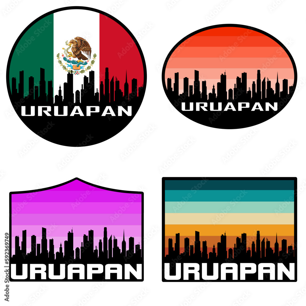 Uruapan Skyline Silhouette Mexico Flag Travel Souvenir Sticker Sunset Background Vector Illustration SVG EPS AI