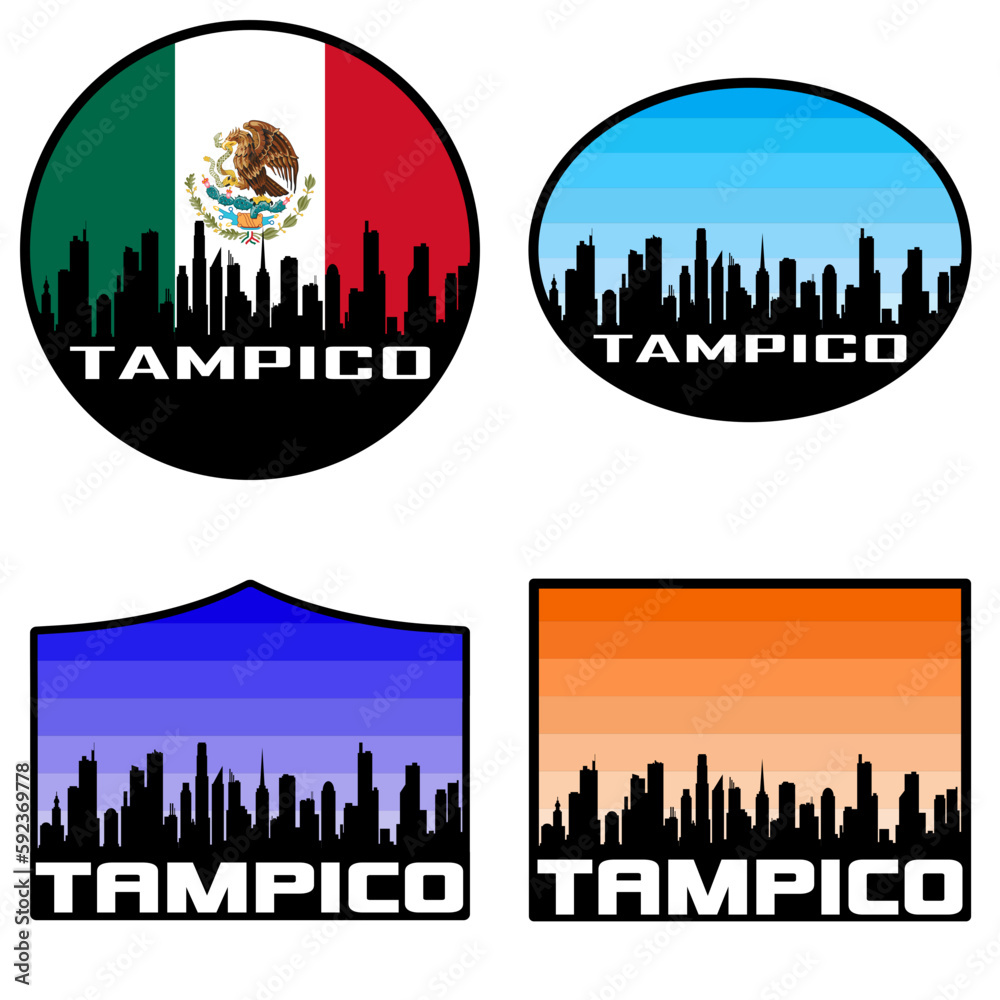 Tampico Skyline Silhouette Mexico Flag Travel Souvenir Sticker Sunset Background Vector Illustration SVG EPS AI