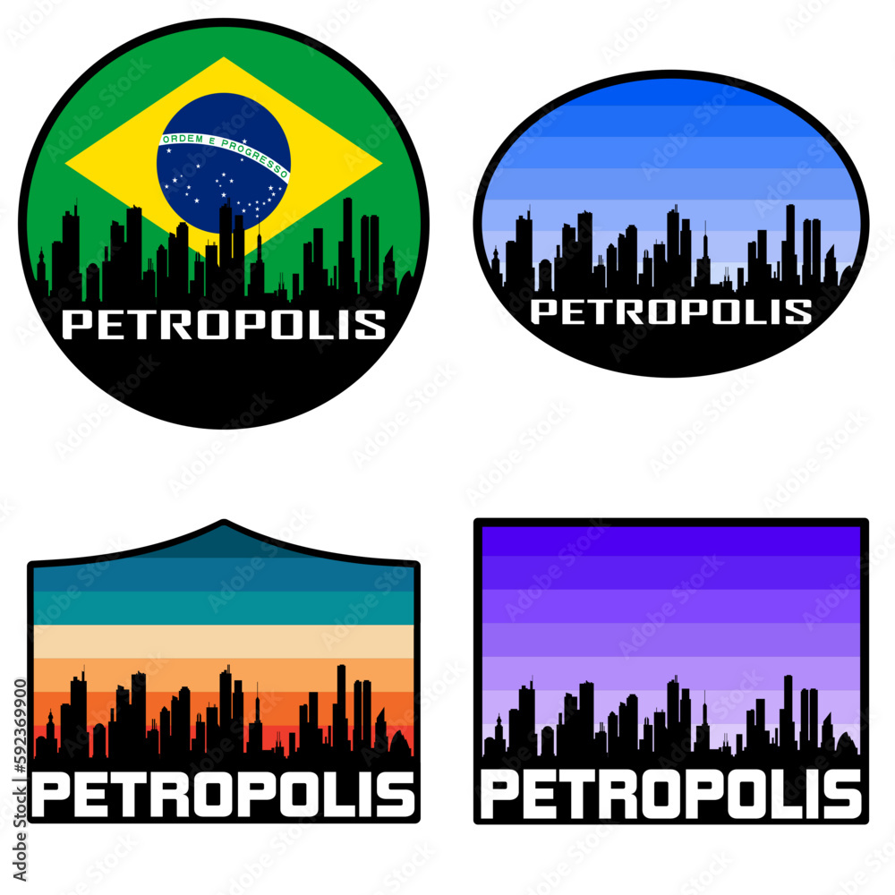 Petropolis Skyline Silhouette Brazil Flag Travel Souvenir Sticker Sunset Background Vector Illustration SVG EPS AI