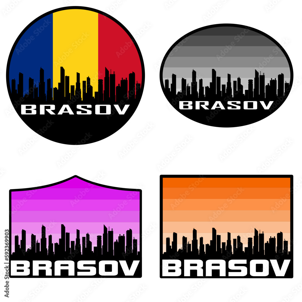 Brasov Skyline Silhouette Romania Flag Travel Souvenir Sticker Sunset Background Vector Illustration SVG EPS AI