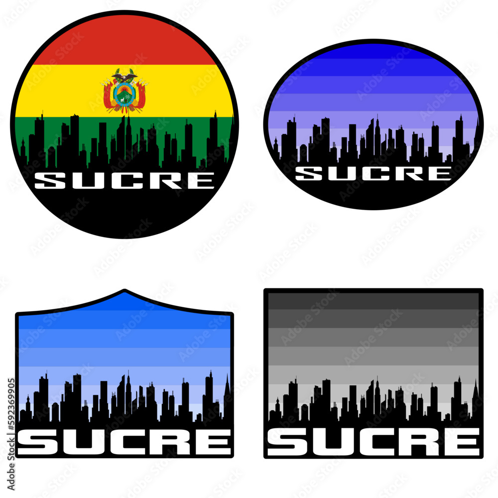 Sucre Skyline Silhouette Bolivia Flag Travel Souvenir Sticker Sunset Background Vector Illustration SVG EPS AI