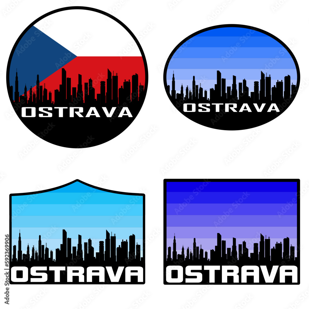 Ostrava Skyline Silhouette Czech Flag Travel Souvenir Sticker Sunset Background Vector Illustration SVG EPS AI