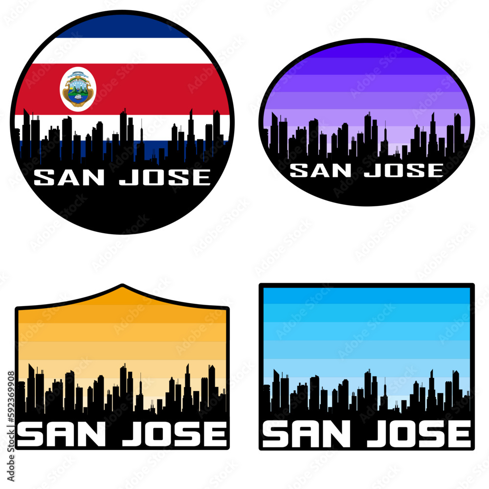 San Jose Skyline Silhouette Costa Rica Flag Travel Souvenir Sticker Sunset Background Vector Illustration SVG EPS AI
