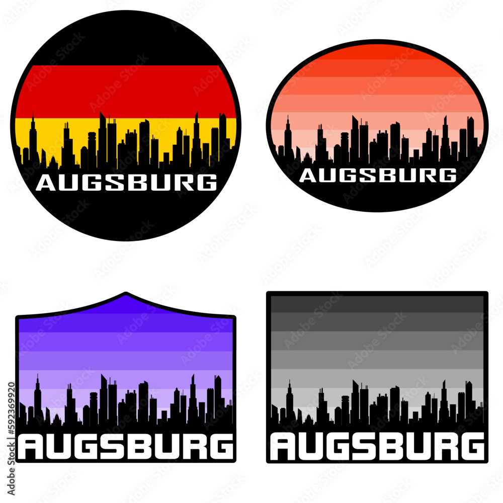 Augsburg Skyline Silhouette Germany Flag Travel Souvenir Sticker Sunset Background Vector Illustration SVG EPS AI