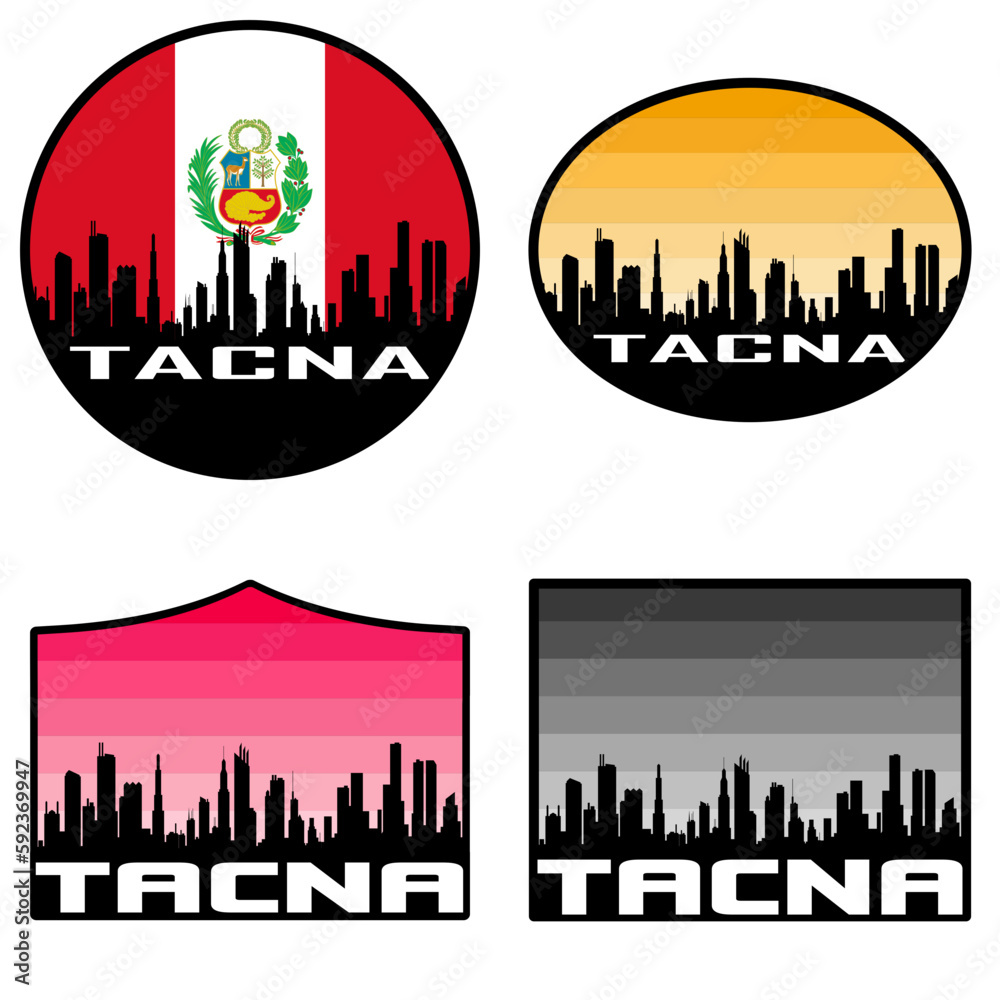 Tacna Skyline Silhouette Peru Flag Travel Souvenir Sticker Sunset Background Vector Illustration SVG EPS AI