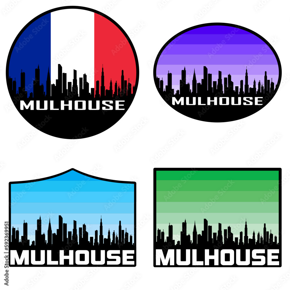 Mulhouse Skyline Silhouette France Flag Travel Souvenir Sticker Sunset Background Vector Illustration SVG EPS AI