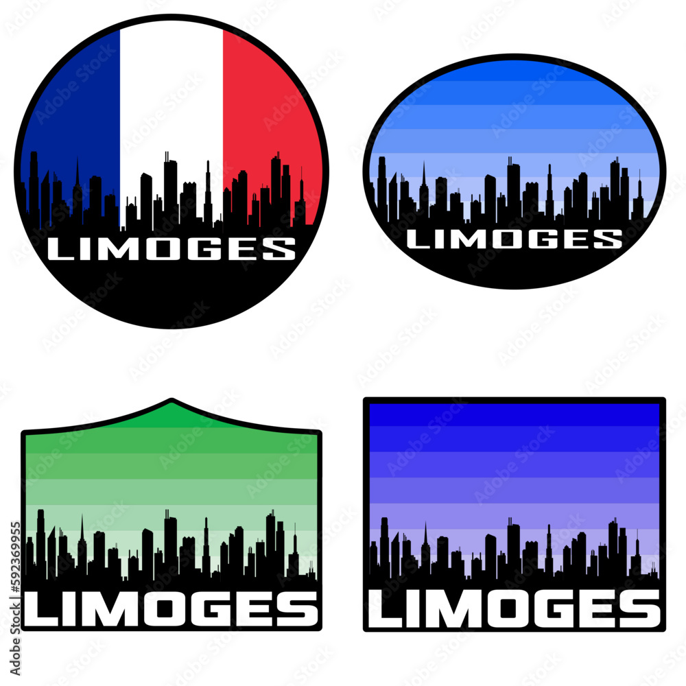 Limoges Skyline Silhouette France Flag Travel Souvenir Sticker Sunset Background Vector Illustration SVG EPS AI