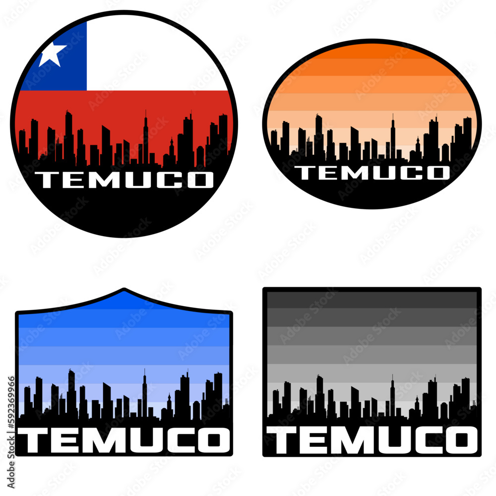 Temuco Skyline Silhouette Chile Flag Travel Souvenir Sticker Sunset Background Vector Illustration SVG EPS AI