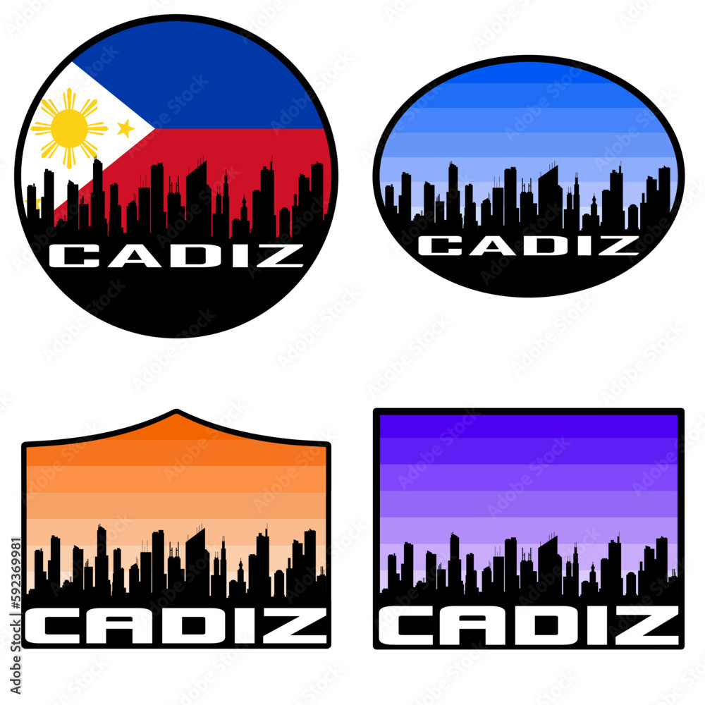 Cadiz Skyline Silhouette Philippines Flag Travel Souvenir Sticker Sunset Background Vector Illustration SVG EPS AI