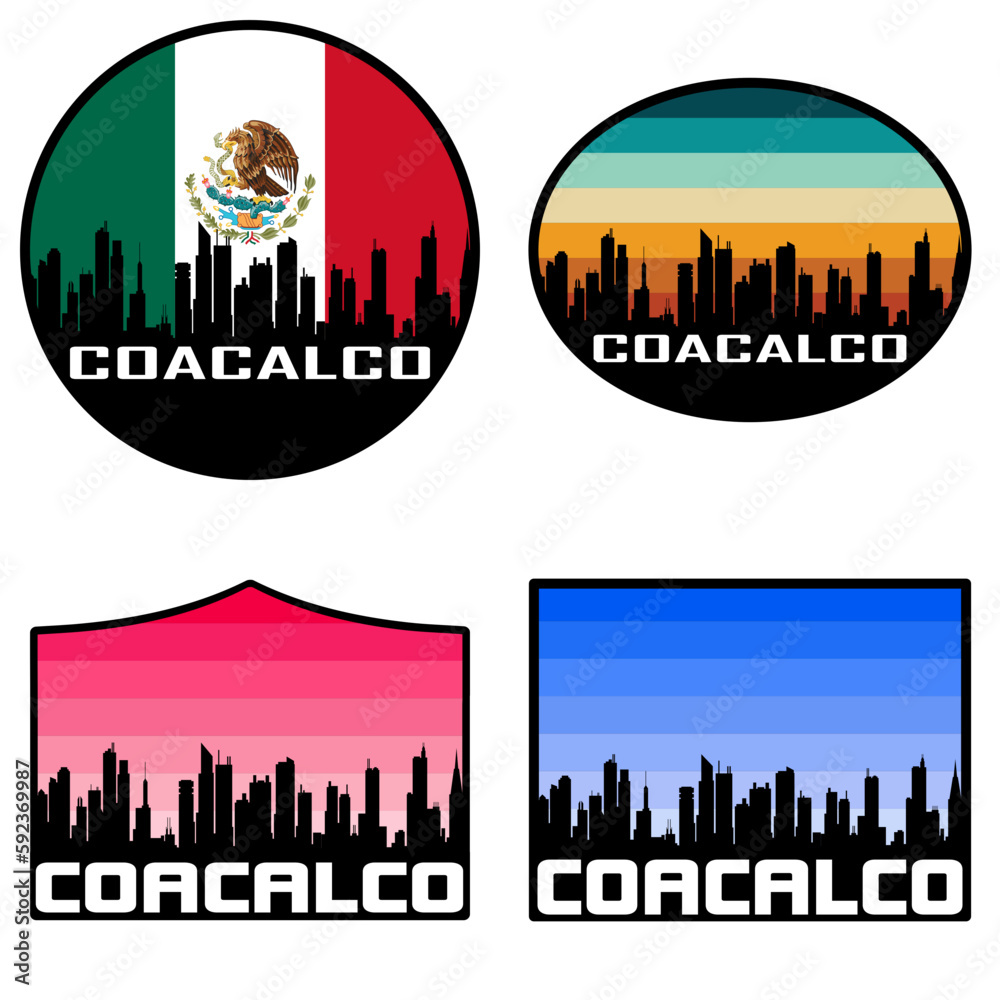 Coacalco Skyline Silhouette Mexico Flag Travel Souvenir Sticker Sunset Background Vector Illustration SVG EPS AI