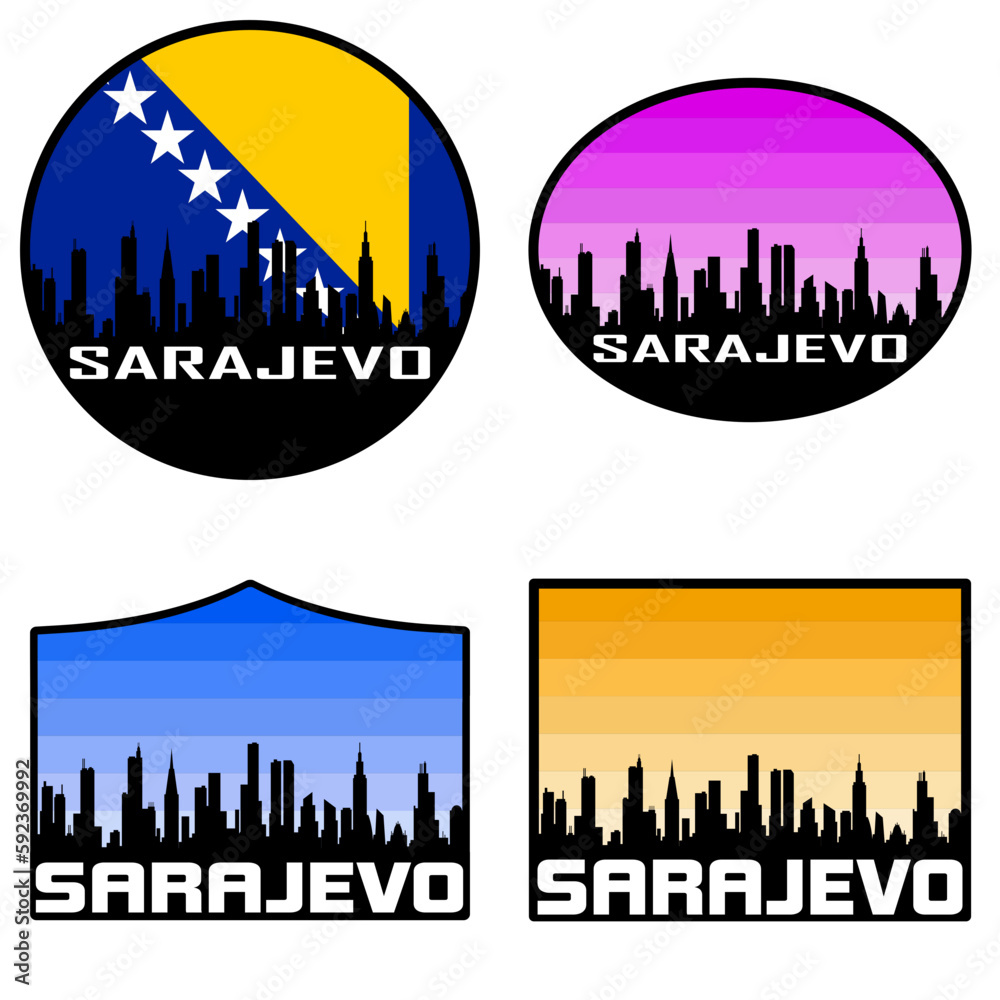Sarajevo Skyline Silhouette Bosnia Flag Travel Souvenir Sticker Sunset Background Vector Illustration SVG EPS AI