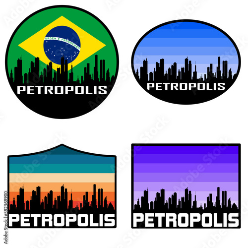 Petropolis Skyline Silhouette Brazil Flag Travel Souvenir Sticker Sunset Background Vector Illustration SVG EPS AI