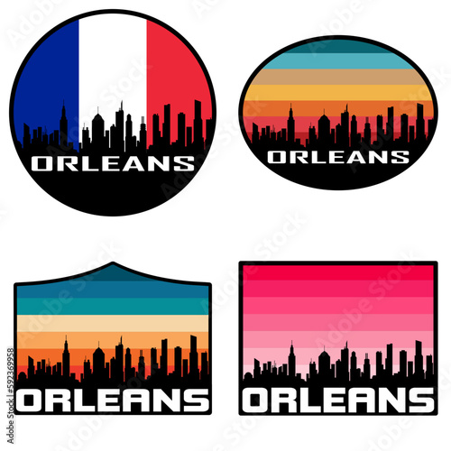 Orleans Skyline Silhouette France Flag Travel Souvenir Sticker Sunset Background Vector Illustration SVG EPS AI