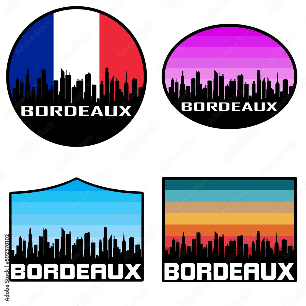 Bordeaux Skyline Silhouette France Flag Travel Souvenir Sticker Sunset Background Vector Illustration SVG EPS AI