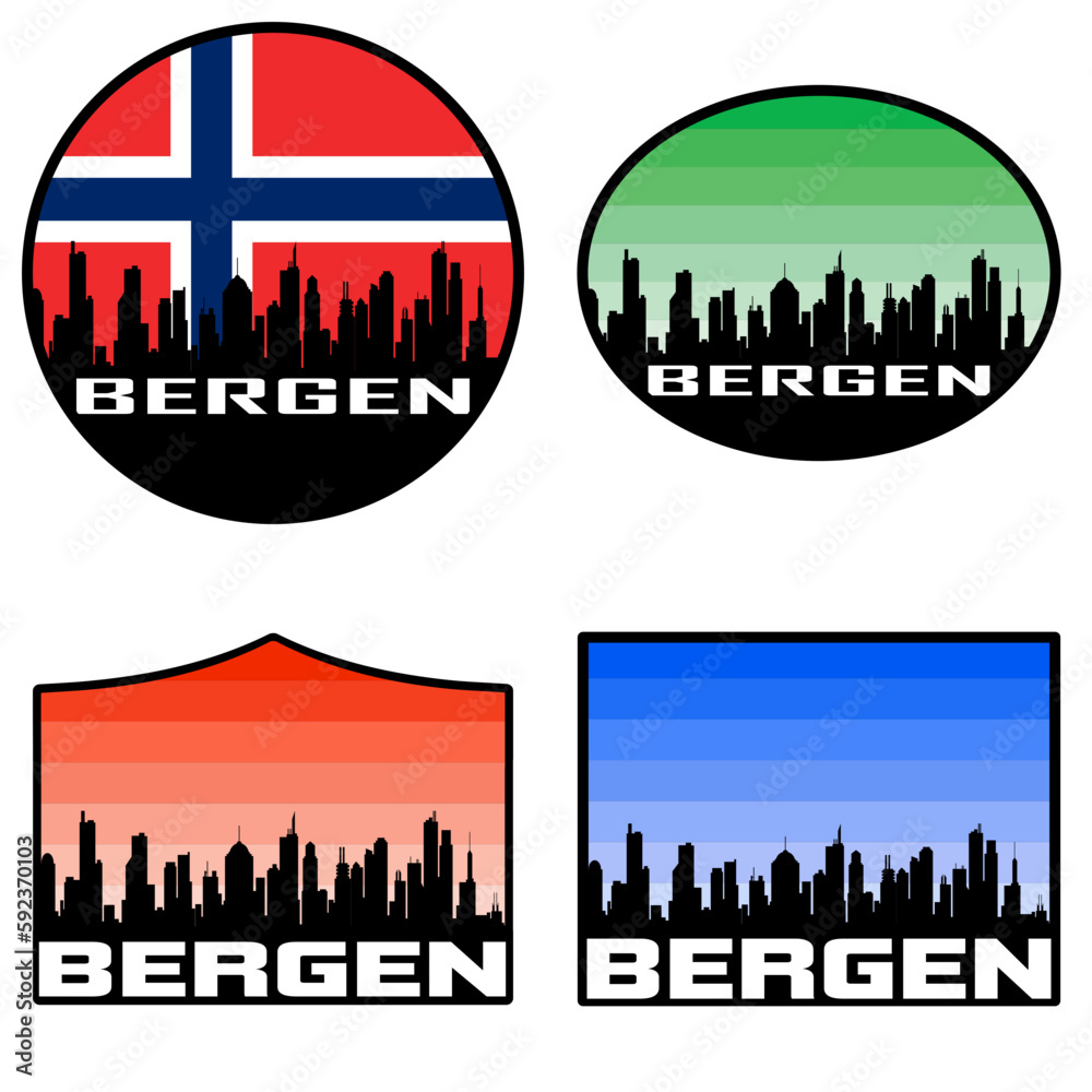 Bergen Skyline Silhouette Norway Flag Travel Souvenir Sticker Sunset Background Vector Illustration SVG EPS AI