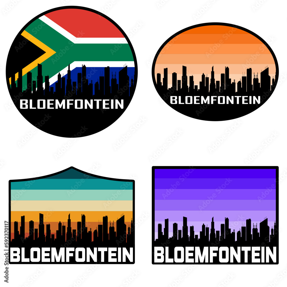 Bloemfontein Skyline Silhouette South Africa Flag Travel Souvenir Sticker Sunset Background Vector Illustration SVG EPS AI