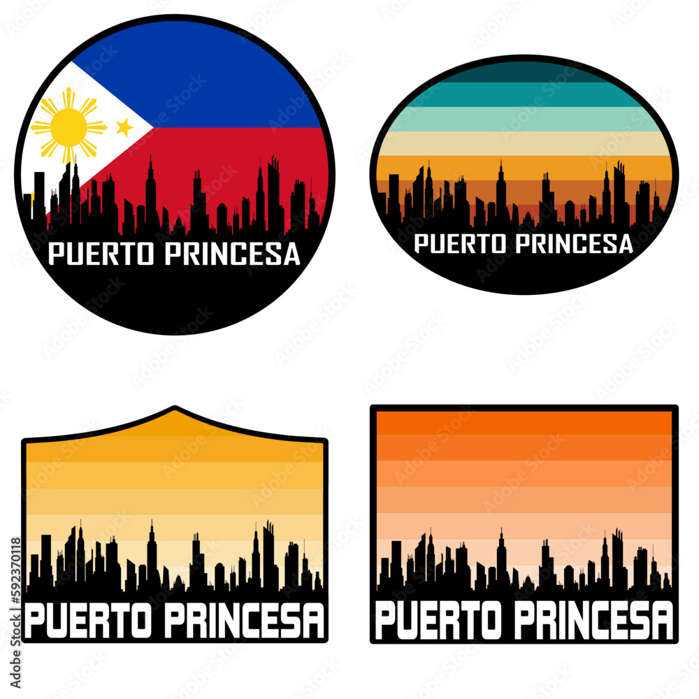 Puerto Princesa Skyline Silhouette Philippines Flag Travel Souvenir Sticker Sunset Background Vector Illustration SVG EPS AI