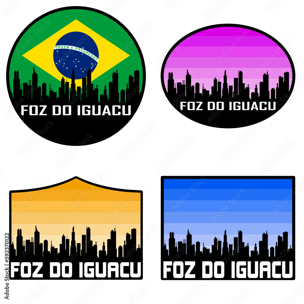 Foz do Iguacu Skyline Silhouette Brazil Flag Travel Souvenir Sticker Sunset Background Vector Illustration SVG EPS AI