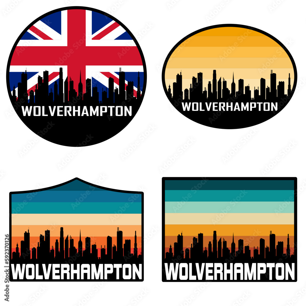 Wolverhampton Skyline Silhouette Uk Flag Travel Souvenir Sticker Sunset Background Vector Illustration SVG EPS AI