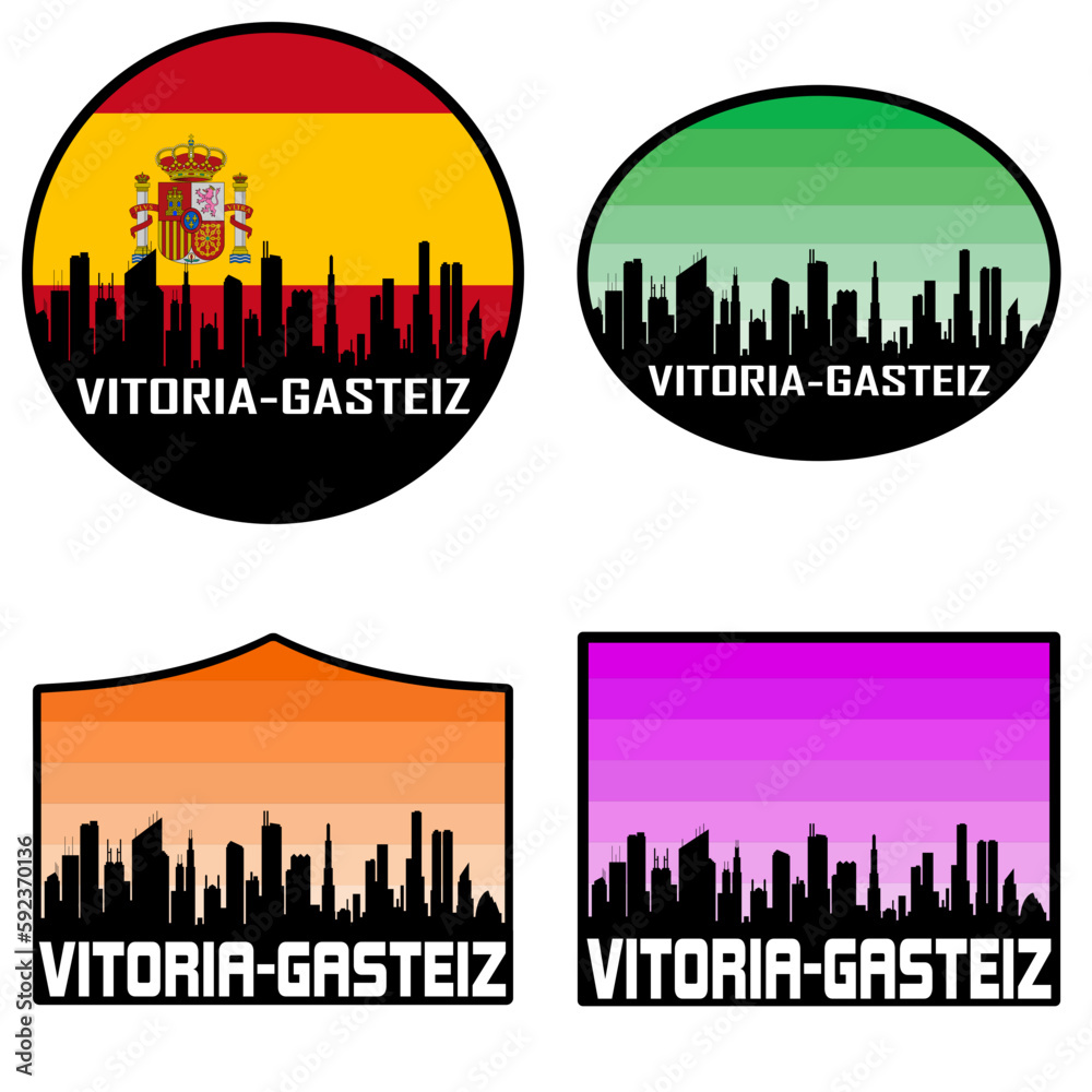 Vitoria Gasteiz Skyline Silhouette Spain Flag Travel Souvenir Sticker Sunset Background Vector Illustration SVG EPS AI