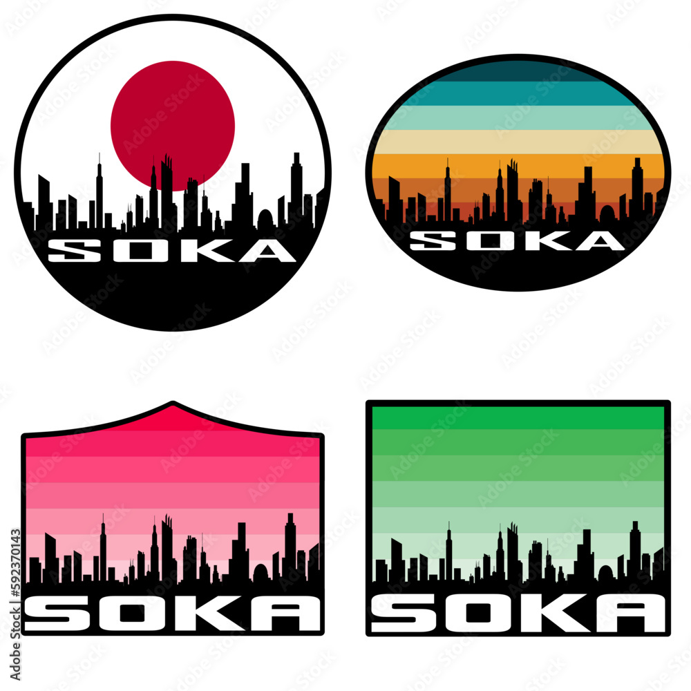 Soka Skyline Silhouette Japan Flag Travel Souvenir Sticker Sunset Background Vector Illustration SVG EPS AI