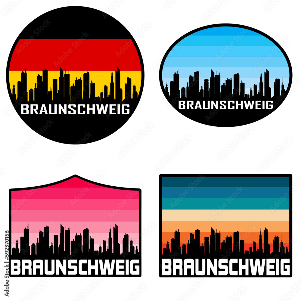 Braunschweig Skyline Silhouette Germany Flag Travel Souvenir Sticker Sunset Background Vector Illustration SVG EPS AI