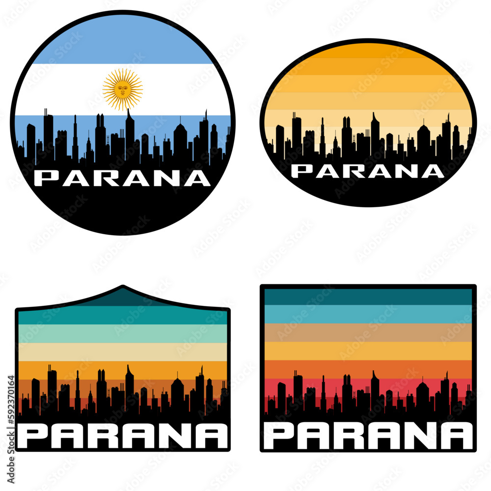 Obraz premium Parana Skyline Silhouette Argentina Flag Travel Souvenir Sticker Sunset Background Vector Illustration SVG EPS AI