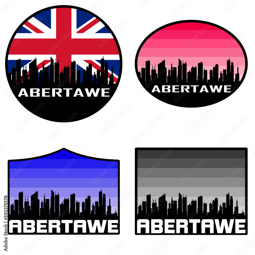 Abertawe Skyline Silhouette Uk Flag Travel Souvenir Sticker Sunset Background Vector Illustration SVG EPS AI