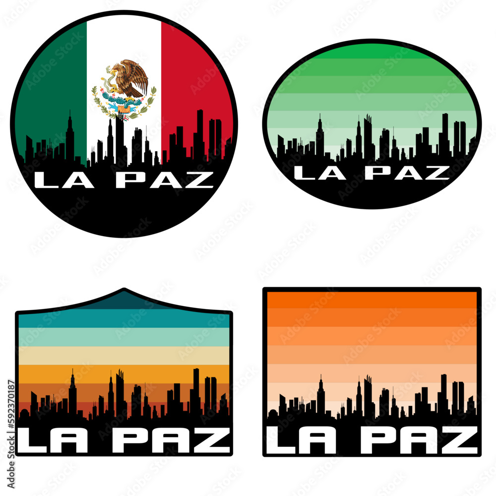 La Paz Skyline Silhouette Mexico Flag Travel Souvenir Sticker Sunset Background Vector Illustration SVG EPS AI