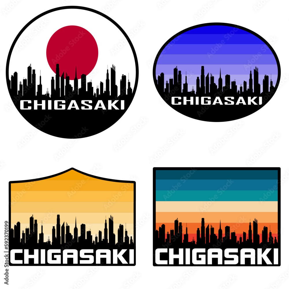 Chigasaki Skyline Silhouette Japan Flag Travel Souvenir Sticker Sunset Background Vector Illustration SVG EPS AI