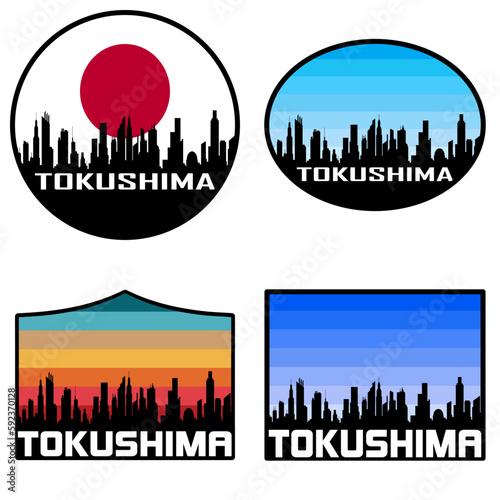 Tokushima Skyline Silhouette Japan Flag Travel Souvenir Sticker Sunset Background Vector Illustration SVG EPS AI