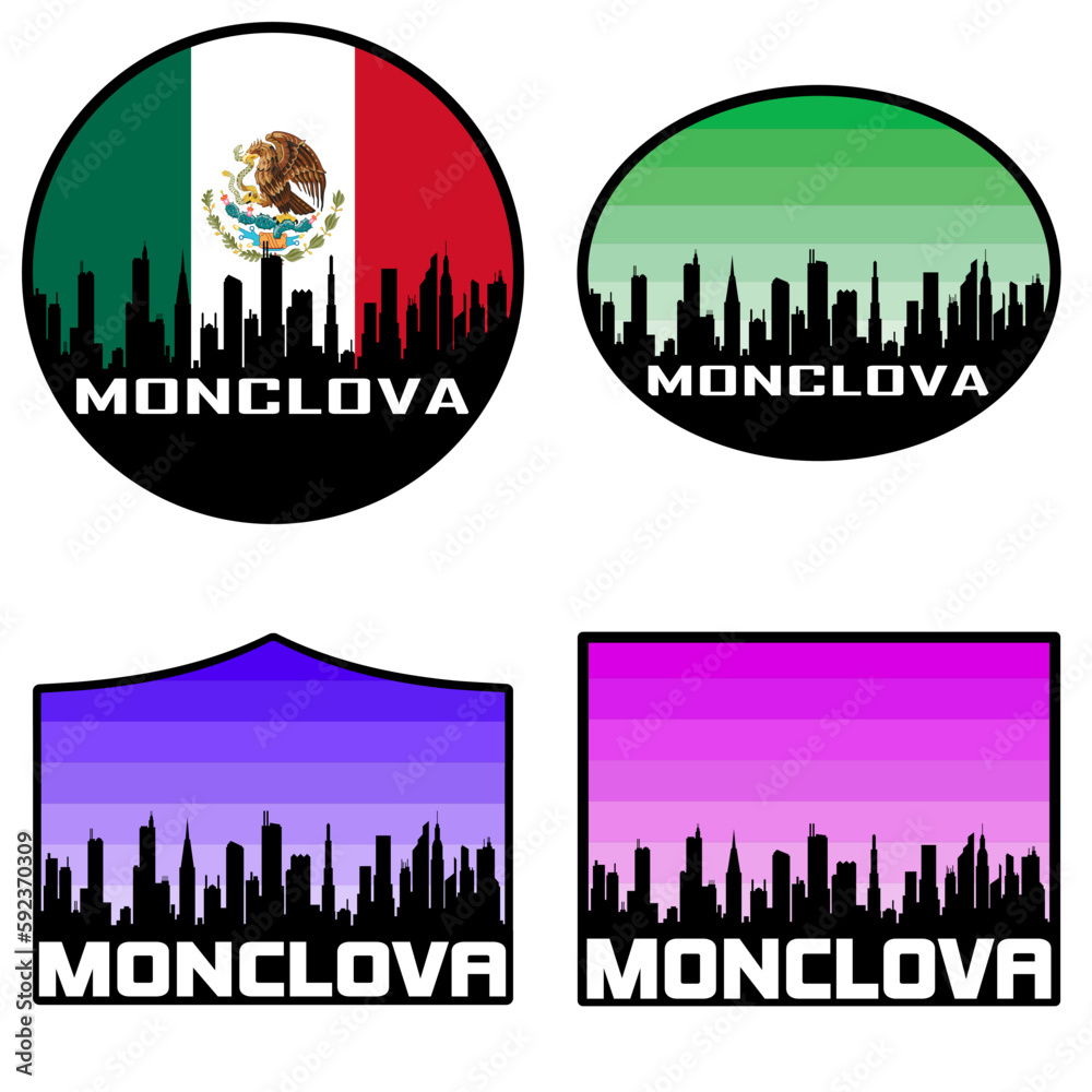 Monclova Skyline Silhouette Mexico Flag Travel Souvenir Sticker Sunset Background Vector Illustration SVG EPS AI