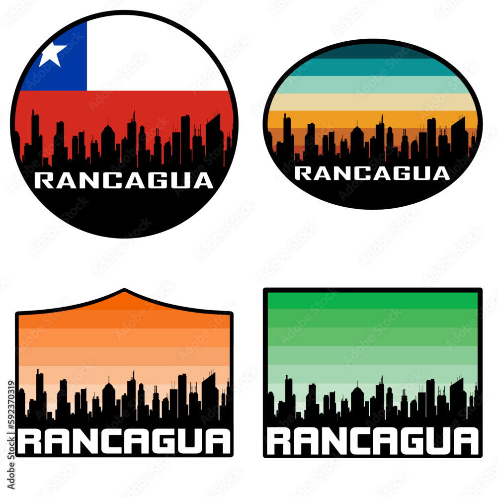 Rancagua Skyline Silhouette Chile Flag Travel Souvenir Sticker Sunset Background Vector Illustration SVG EPS AI