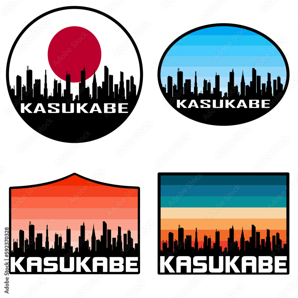 Kasukabe Skyline Silhouette Japan Flag Travel Souvenir Sticker Sunset Background Vector Illustration SVG EPS AI