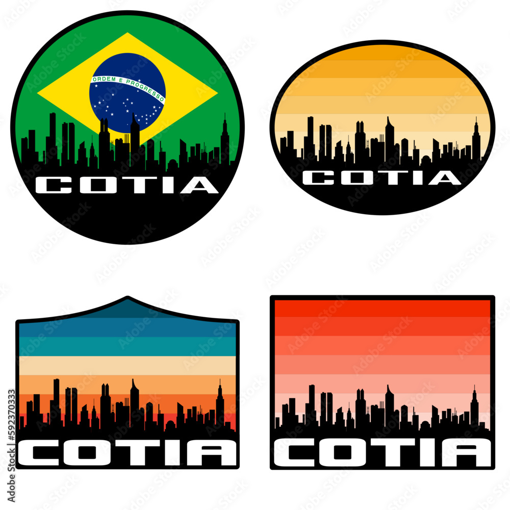 Cotia Skyline Silhouette Brazil Flag Travel Souvenir Sticker Sunset Background Vector Illustration SVG EPS AI