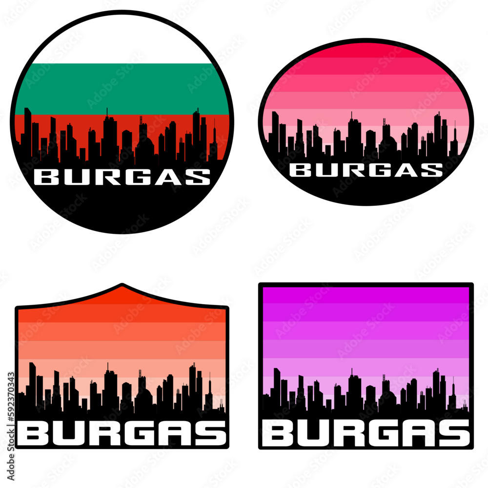 Burgas Skyline Silhouette Bulgaria Flag Travel Souvenir Sticker Sunset Background Vector Illustration SVG EPS AI