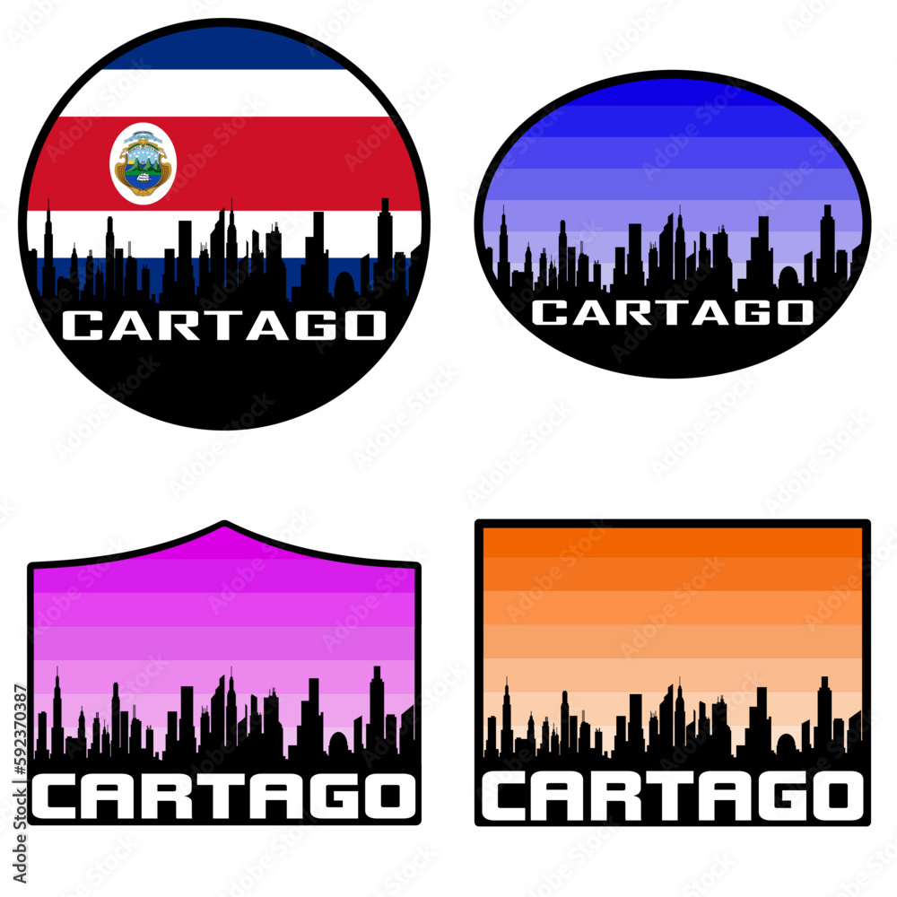 Cartago Skyline Silhouette Costa Rica Flag Travel Souvenir Sticker Sunset Background Vector Illustration SVG EPS AI