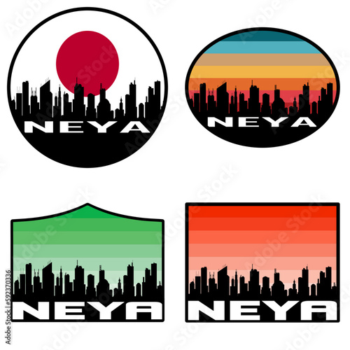 Neya Skyline Silhouette Japan Flag Travel Souvenir Sticker Sunset Background Vector Illustration SVG EPS AI photo