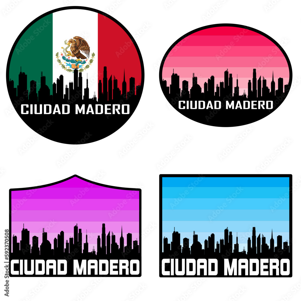 Ciudad Madero Skyline Silhouette Mexico Flag Travel Souvenir Sticker Sunset Background Vector Illustration SVG EPS AI