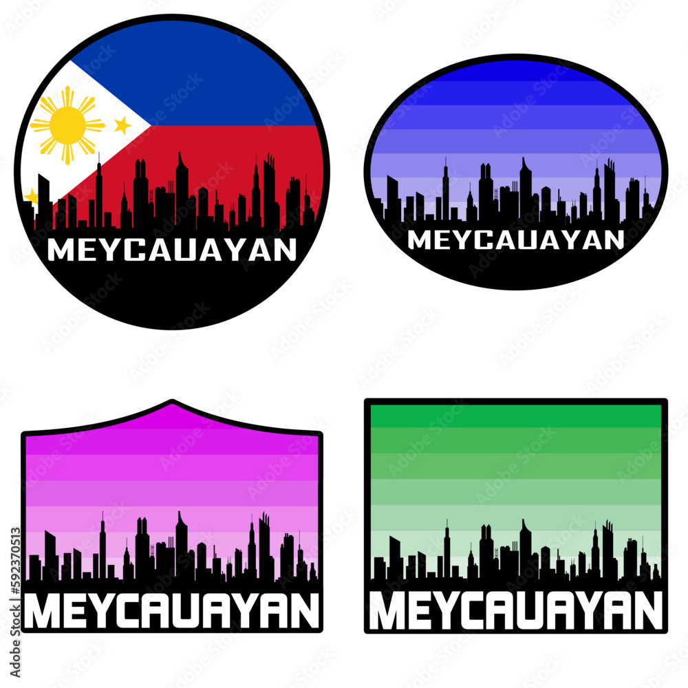 Meycauayan Skyline Silhouette Philippines Flag Travel Souvenir Sticker Sunset Background Vector Illustration SVG EPS AI