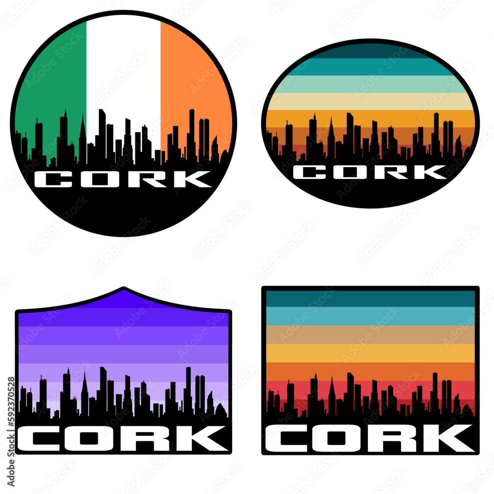 Cork Skyline Silhouette Ireland Flag Travel Souvenir Sticker Sunset Background Vector Illustration SVG EPS AI