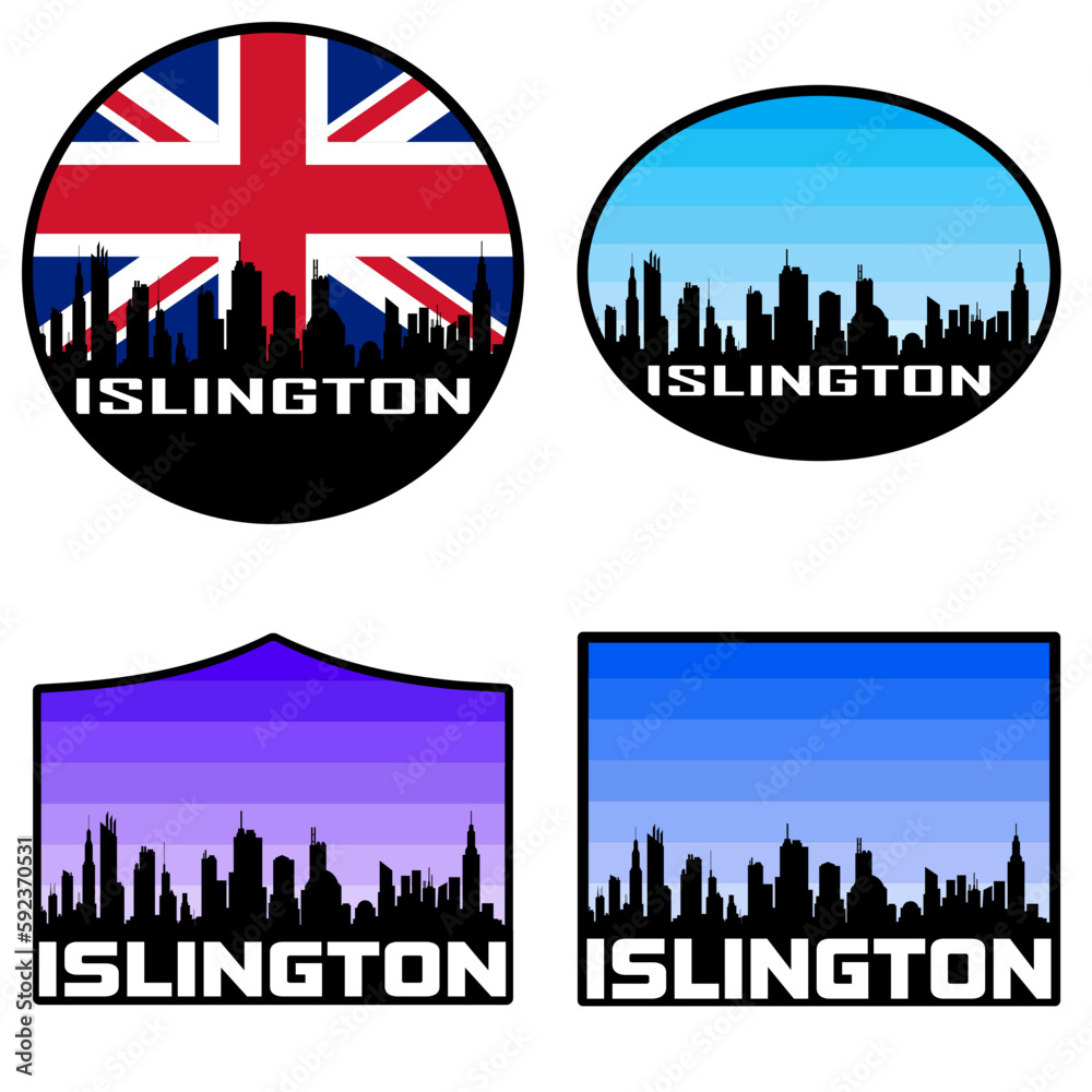 Islington Skyline Silhouette Uk Flag Travel Souvenir Sticker Sunset Background Vector Illustration SVG EPS AI