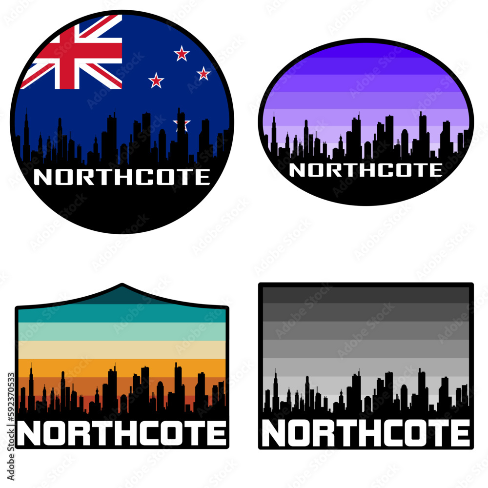 Northcote Skyline Silhouette New Zealand Flag Travel Souvenir Sticker Sunset Background Vector Illustration SVG EPS AI