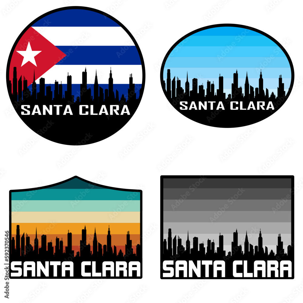 Santa Clara Skyline Silhouette Cuba Flag Travel Souvenir Sticker Sunset Background Vector Illustration SVG EPS AI