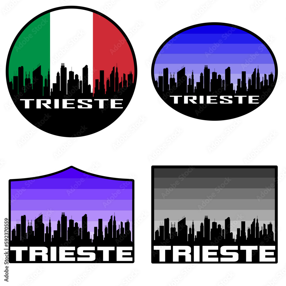 Trieste Skyline Silhouette Italy Flag Travel Souvenir Sticker Sunset Background Vector Illustration SVG EPS AI