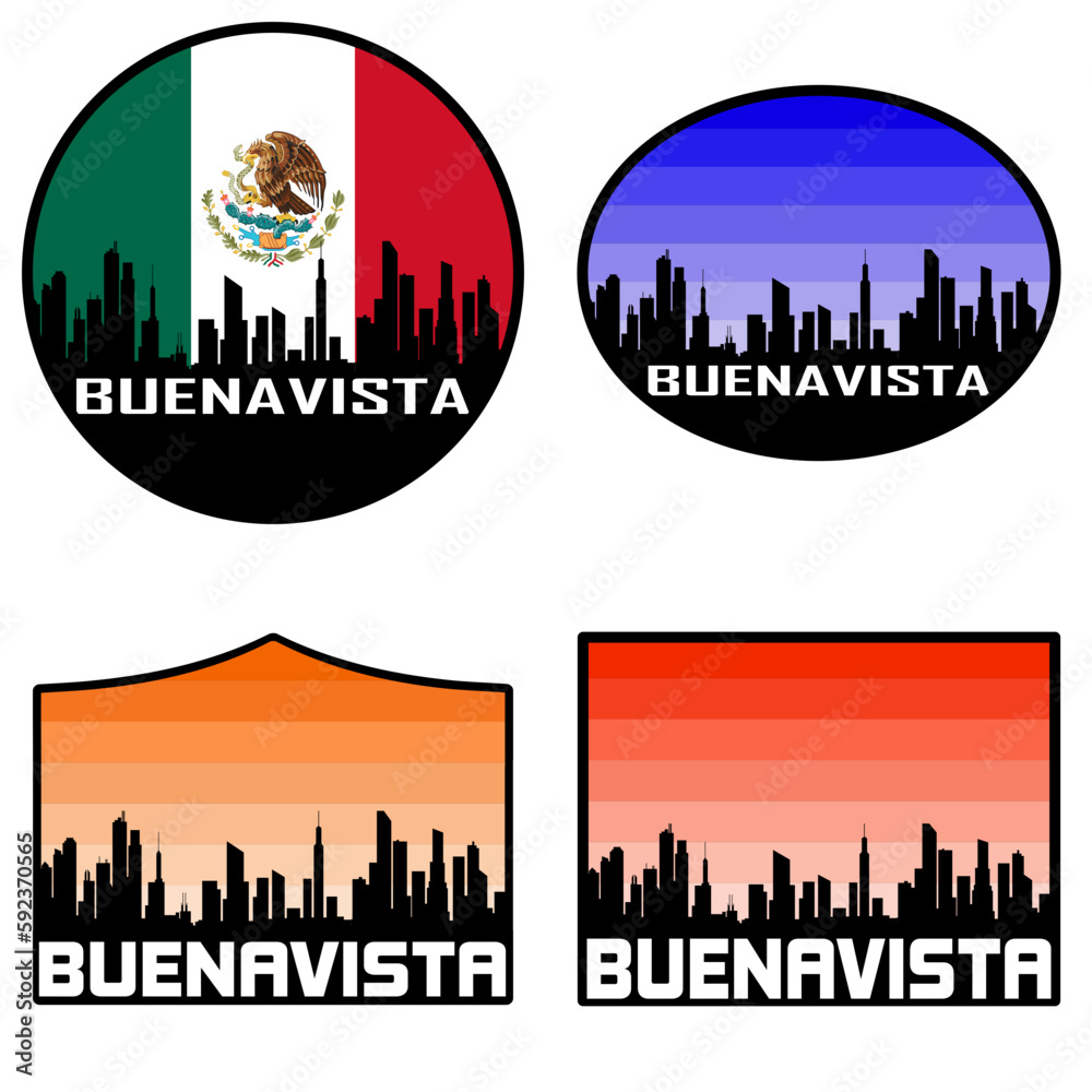 Buenavista Skyline Silhouette Mexico Flag Travel Souvenir Sticker Sunset Background Vector Illustration SVG EPS AI