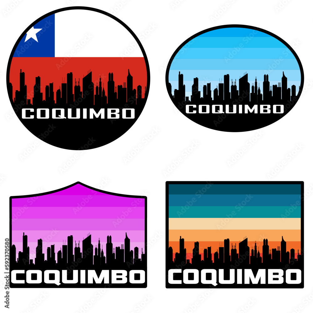 Coquimbo Skyline Silhouette Chile Flag Travel Souvenir Sticker Sunset Background Vector Illustration SVG EPS AI