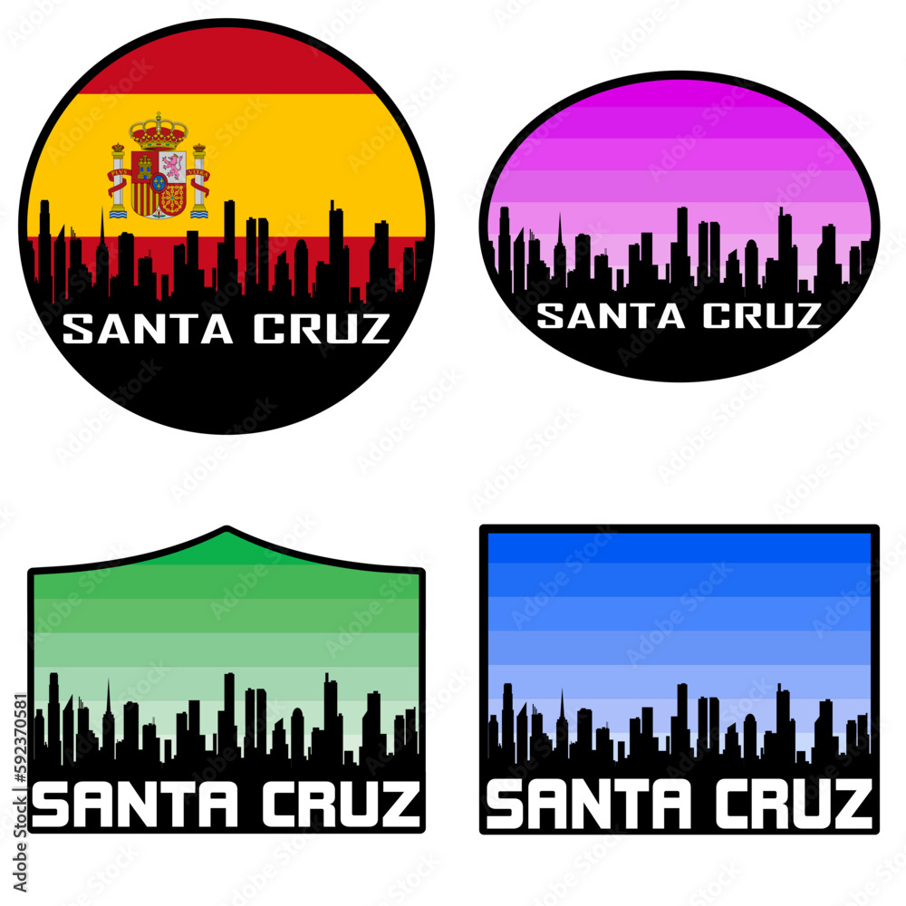 Santa Cruz Skyline Silhouette Spain Flag Travel Souvenir Sticker Sunset Background Vector Illustration SVG EPS AI