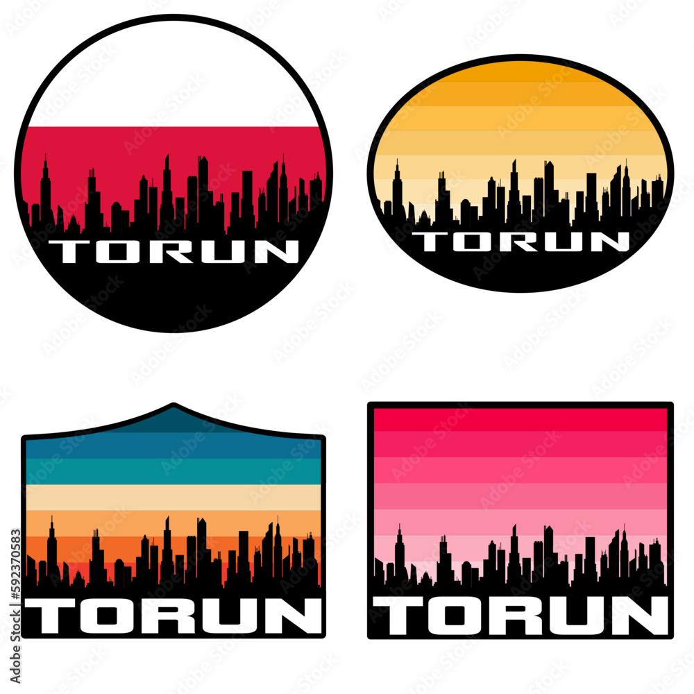 Torun Skyline Silhouette Poland Flag Travel Souvenir Sticker Sunset Background Vector Illustration SVG EPS AI