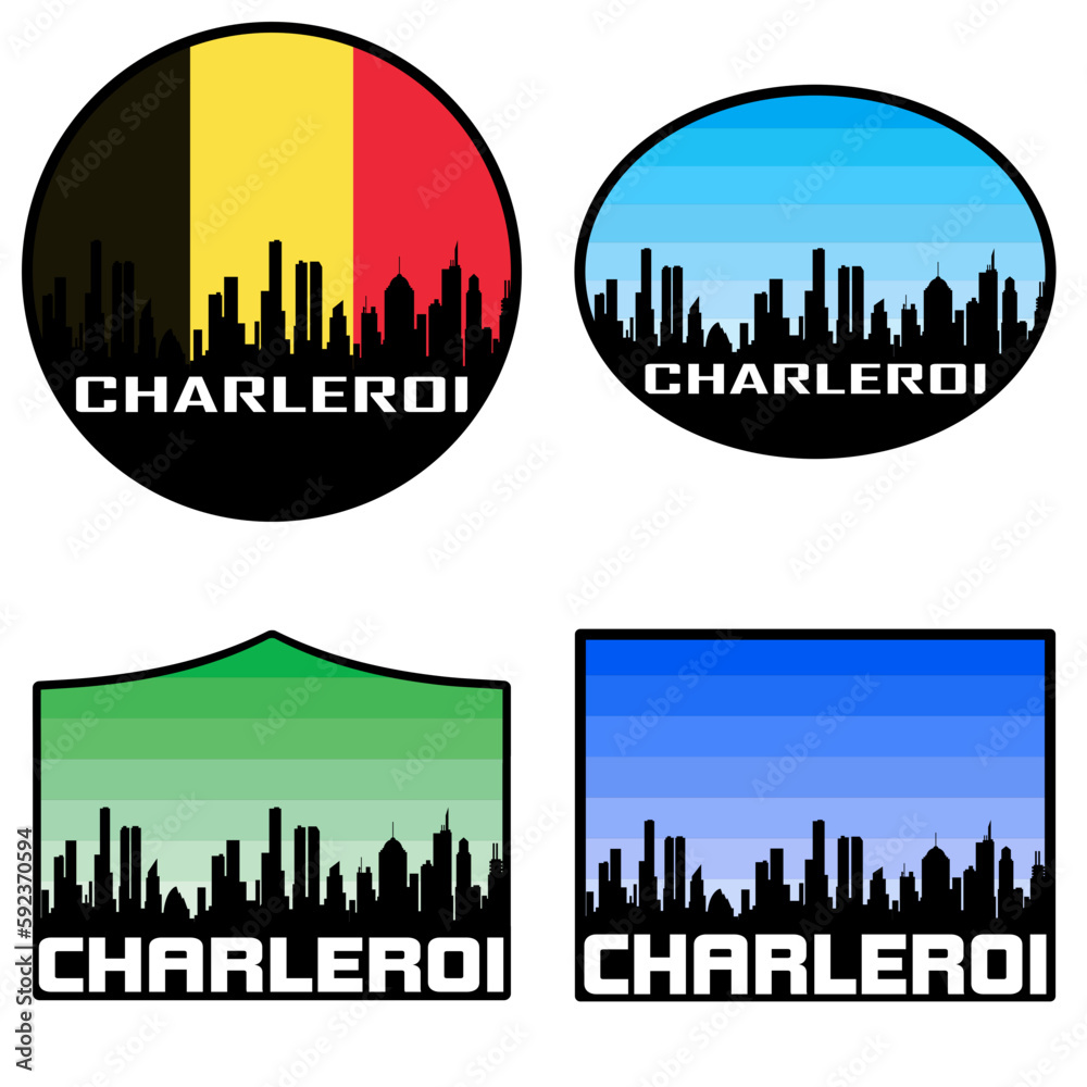 Charleroi Skyline Silhouette Belgium Flag Travel Souvenir Sticker Sunset Background Vector Illustration SVG EPS AI